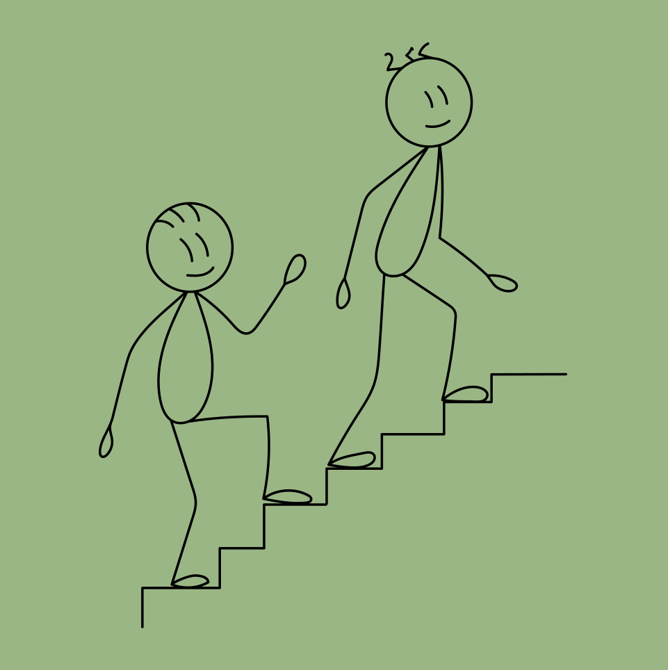 about us .Black and white drawing of two stick figures walking up stairs on a green background with black lines. Includes smiley faces